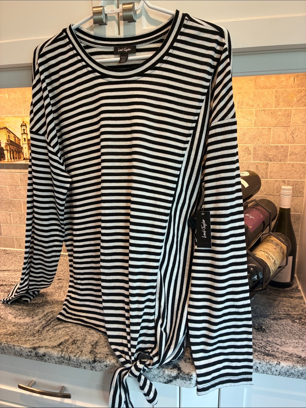 Lord & Taylor Black and White Striped Crewneck Top. B21
